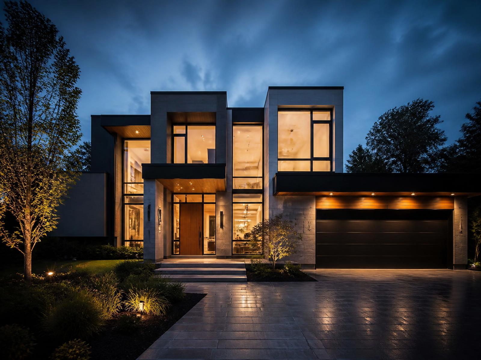 Modern luxury home at dusk with warm interior lighting