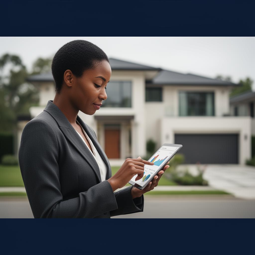 Successful Realtor reviewing business data on a tablet in front of a modern luxury home